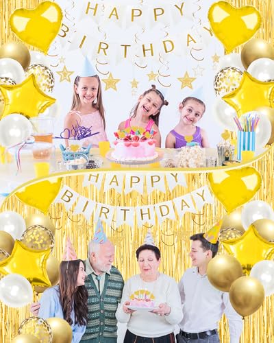 Image of Golden Happy Birthday Party Decorations with Banner Balloons for Men Boys