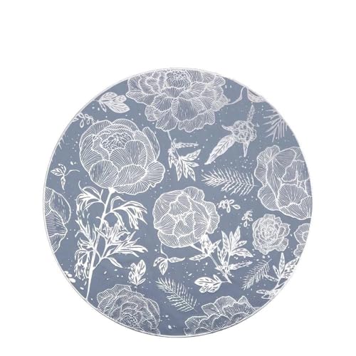 Image of Elegant Floral Rose Round Placemats Tablemats Grey Placemats for Dining Table Durable Table Mats Reusable Water Proof Grey and Silver (Large, 6, Count)