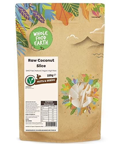 Wholefood Earth Rebanada de coco crudo de 250 g, sin OMG, natural, alta fibra, el embalaje puede variar
