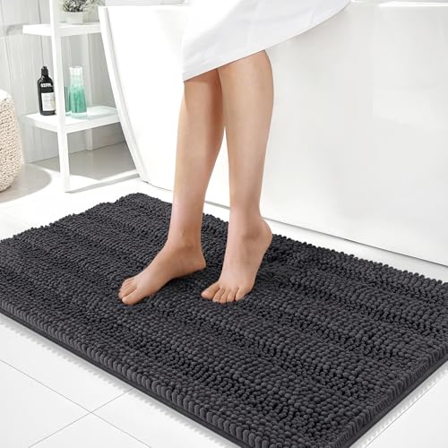 Image of OLANLY Thick Large Bathroom Rugs 40x24, Extra Soft Absorbent Chenille Striped Bath Rugs, Rubber Backing, Machine Wash, Bath Mats for Bathroom Floor, Tub and Shower, Home Decor Accessories, Dark Grey