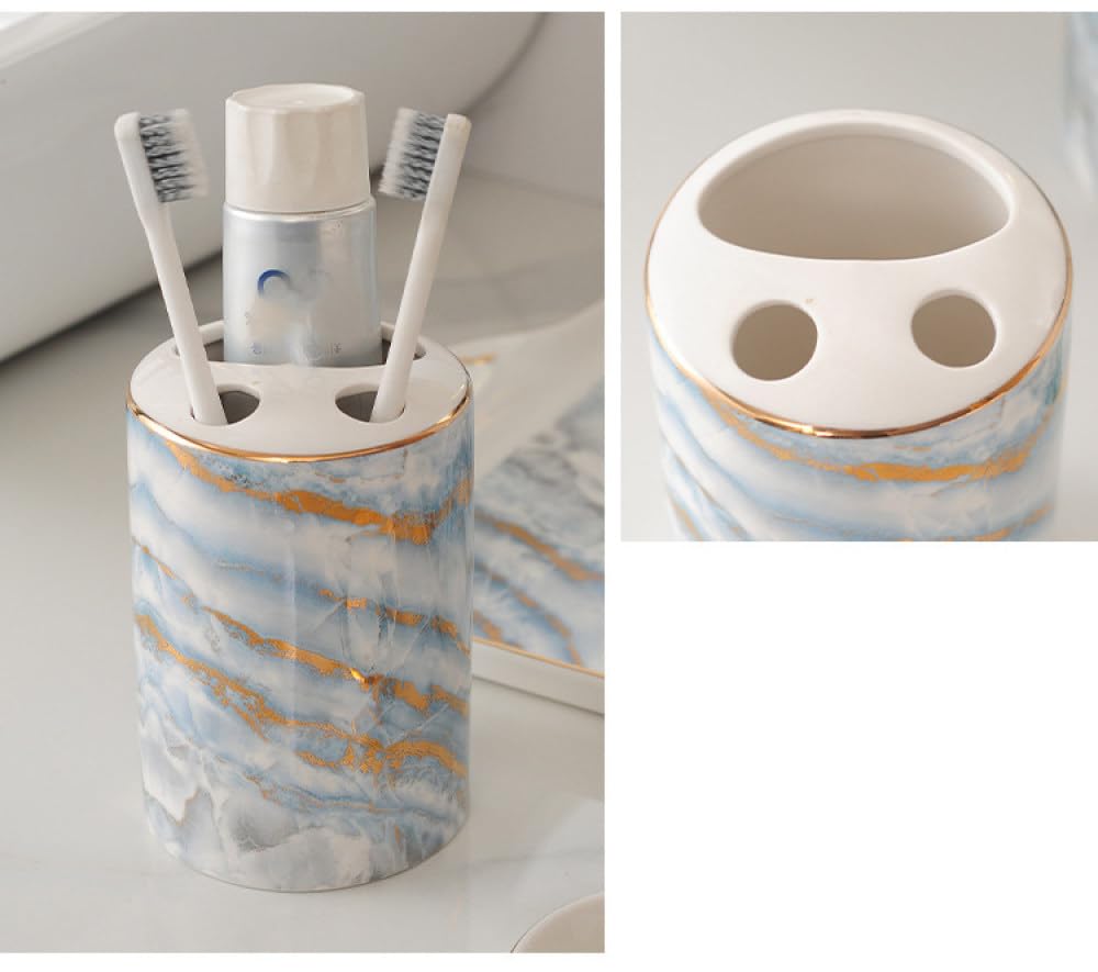 Luxuriöses Marmor-Badezimmerzubehör-Set, 5-teiliges Bad-Set mit Zahnbürstenhalter, Zahnputzbecher, Seifenspender und mattem Finish, elegantes Geschenk-Set für Badezimmer-Dekoration, Blau,