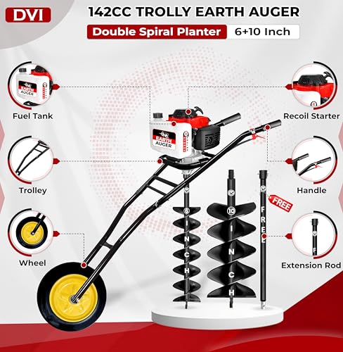 Image of DVI 142CC Trolley Earth Auger Machine, 4-Stroke Petrol Engine - with 6 Inch + 10 Inch Double Spiral Planter Bits & Free Extension Rod | for Plantation, Fencing & Post Hole Digging in All Soil Types.