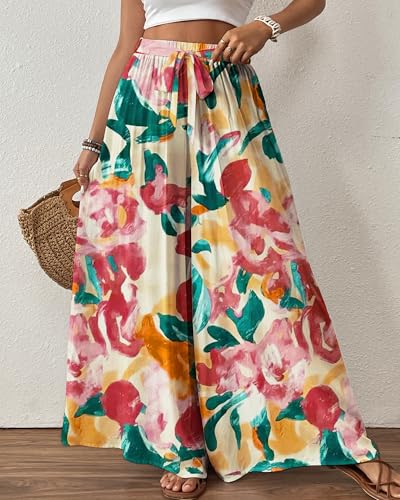 Image of Bsubseach Women Wide Leg Pants Floral Flowy Palazzo Pants