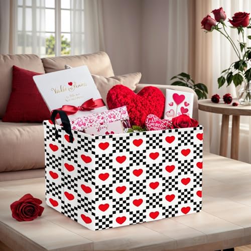 Image of Valentine's Day Basket for Gifts Empty Cute Heart Large Gift Basket Decorative Storage Bin for Kid and Baby Room Decor (Black and White Checkered Heart)