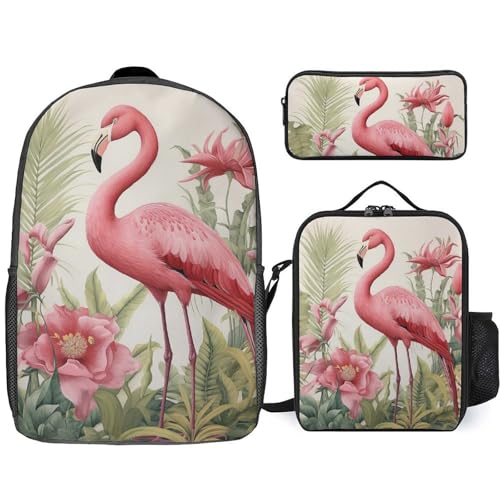 3 Piece Backpack for Women Men Lightweight Causal Daypack Shoulder Bag Set with Insulated Lunch Bag And Pencil Case Organizers Flamingo And Leaves