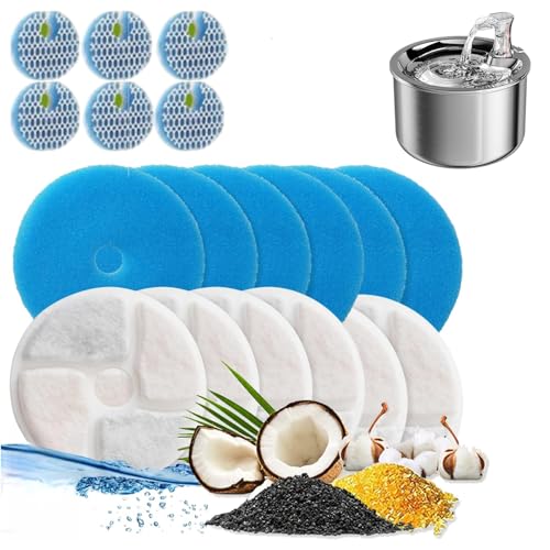 MuSylonz 6 Set Cat Water Fountain Filters Replacement for Round 2L/67oz Stainless Steel Fountain Pet Fountain Filter Triple Filtration System with 6 Cat Fountain Filters 6 Sponges & 6 8D Sponges