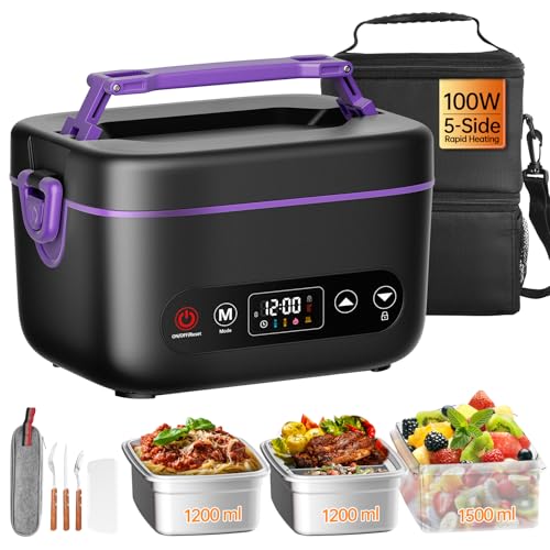 Image of 2X1.2L Electric Heated Lunch Box, Upgared 100W 5D Surround Heat Tech 6x4000mAh Battery Powered with Dual Insulated Bag, Portable Food Warmer Automatic Heating 220F Max BPA Free for Men Purple