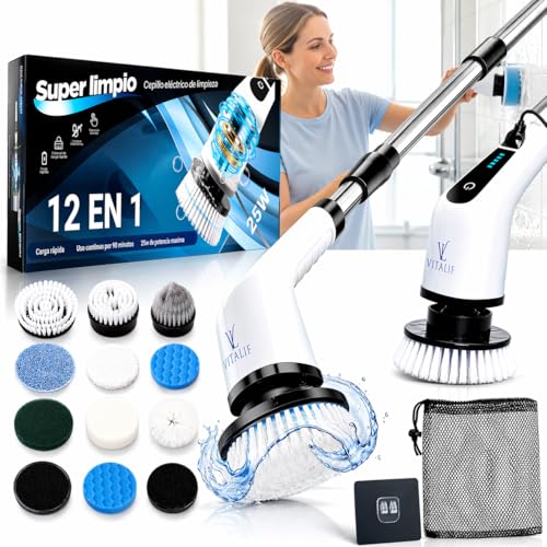 Super Cepillo electrico Limpieza hogar 12 Cabezales, Escoba electrica Limpieza Premium, 2 Velocidades, Batería 2600mah IPX6, Cepillo Limpieza Ducha, Cocina, Limpiador electrico 25W, pulidora Suelos