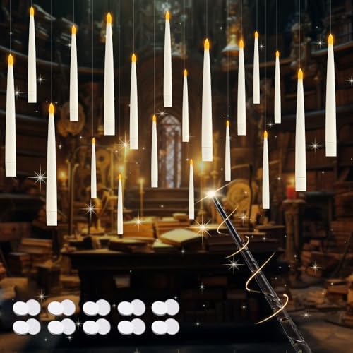 XPJBKC Floating Candles with Magic Wand, 20 PCS LED Flameless Battery Powered Candle with Timer Function, Hanging Flying Candles for Party and Festive Decoration