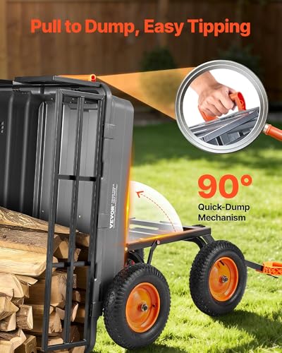 Image of VEVOR Garden Dump Cart 1500lbs 15 Cu.Ft, Heavy Duty Wheelbarrow with Convertible Handle and 16 inch Flat Free Tires, Outdoor Yard Wagon ATV Trailer Dump Cart Tow Behind for Lawn Mower Tractor