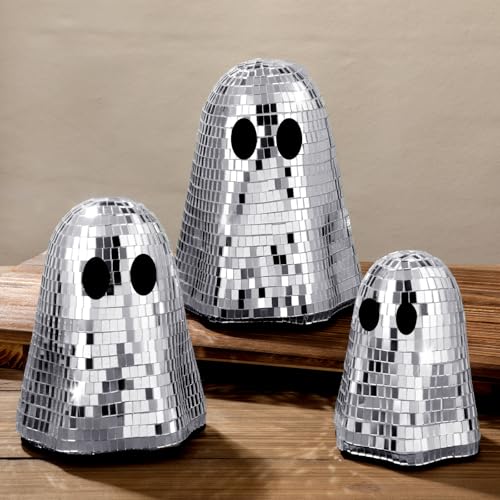 Simgoing 3 Pcs Halloween Disco Ghost Decor 6'' 5'' 4''halloween Ornament Silver Mirror Disco Skeleton Table Decoration Glitter Spooky Ghost Tiered Tray Decor for Props Home Tabletop Party Gift(Silver)