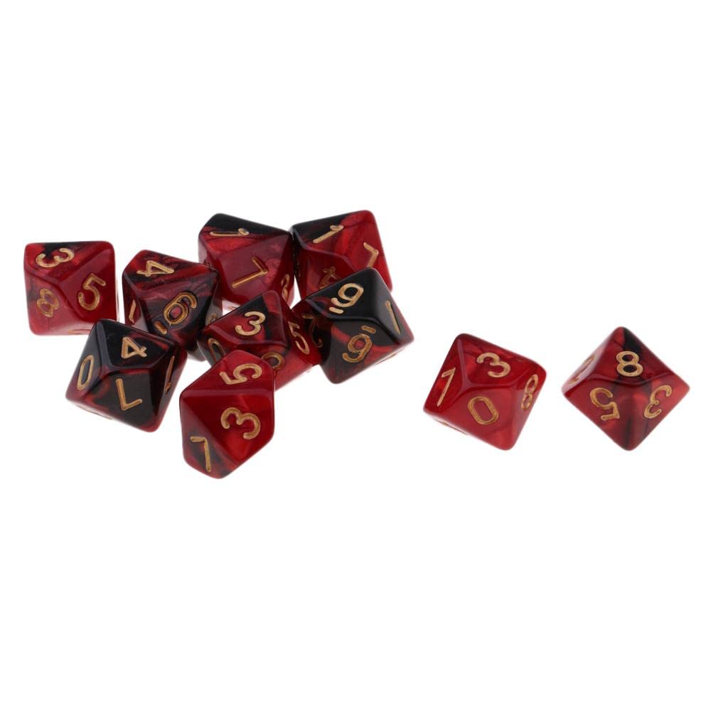 Set di 10 Dadi D10 a più Facce per Giochi di Ruolo, Rosso + Nero, Come descritto