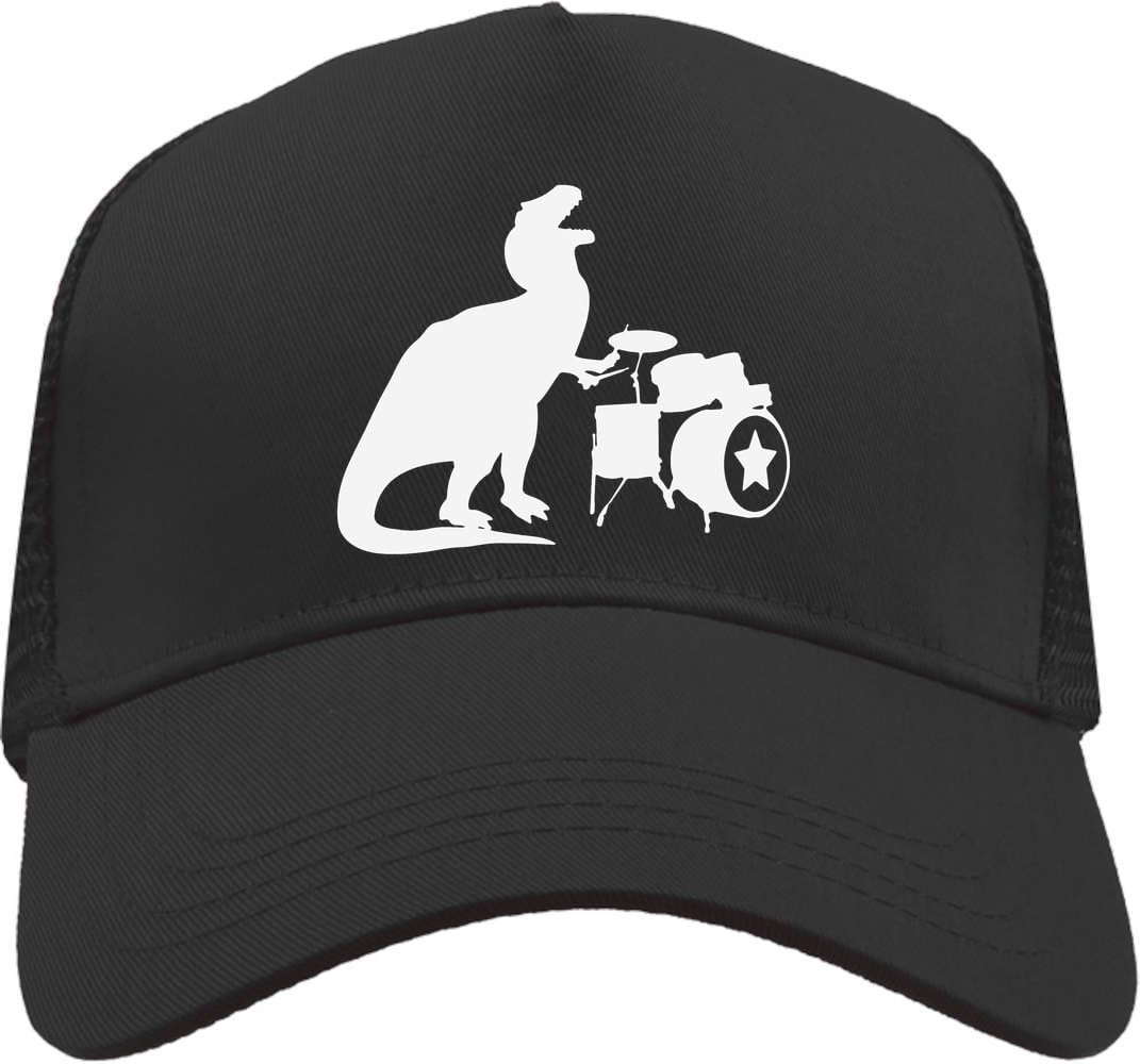 Functon+T-Rex Playing Drums Mesh Back Trucker Cap Adjustable Snapback Hat Black, Black, osz