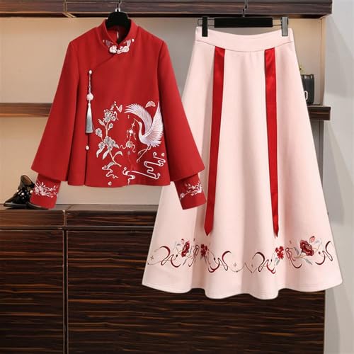 SMDSAZ Chinese Style Embroidered Thin Blouse, Women's Coat, Woolen Cloth,Hanfu Skirt (Color : Auburn, Size : L 50kg-60kg)3
