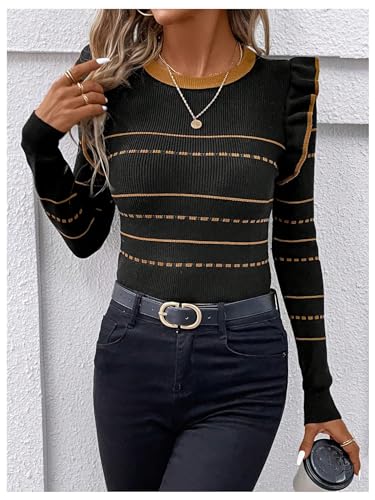 Floerns Women's Striped Print Ruffle Trim Crewneck Long Sleeve Pullover Sweater4