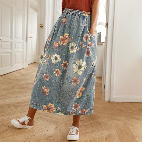 Women's Floral Denim Maxi Skirt Casual Loose Elastic High Waist A Line Long Jean Skirt with Pockets2