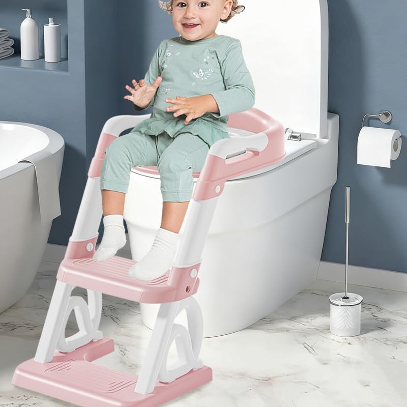 Réducteur Toilette Enfant avec Marche, Rehausseur Toilette Enfant avec PU-Coussin, Réducteur WC, Bébé de Siege, Réglable en Hauteur et Pliable,PVC (rose)