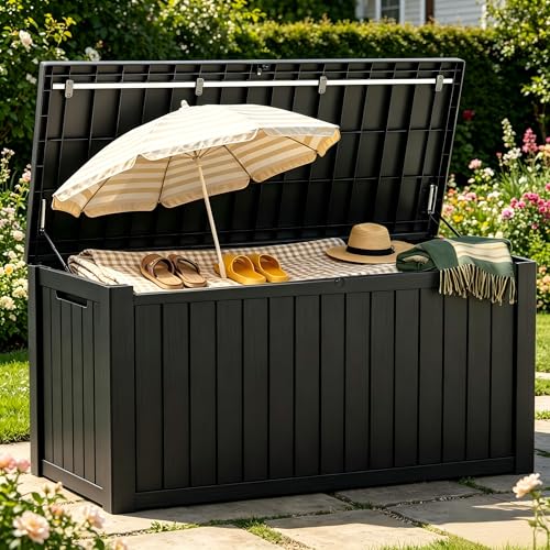 Image of 151 Gallon Resin Deck Box with Lockable Lid - Heavy-Duty Outdoor Storage for Patio Furniture, Garden Tools, Pool Accessories, BBQ Supplies - All-Weather Wood Grain Design