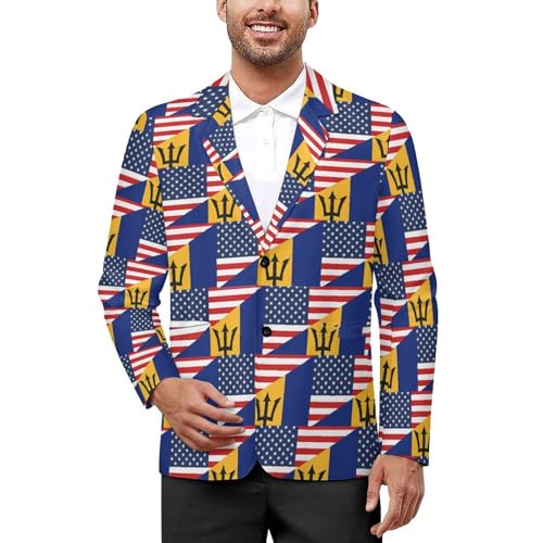 U.S. and Barbados Flag Mens Suit Jacket Lapel Blazers V Neck Button Business Coat Tuxedo for Wedding Party