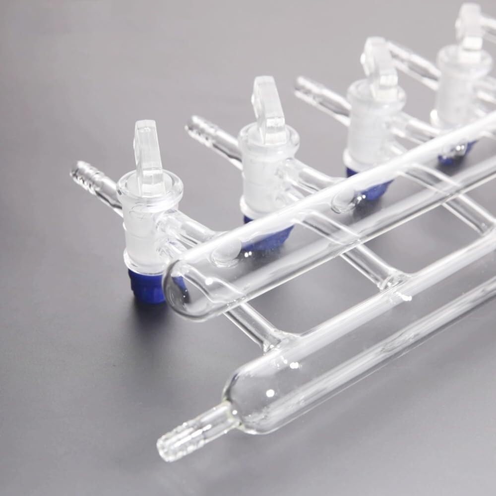 Distribuidor de gas al vacío de doble colector de vidrio de borosilicato de alto contenido, colector distribuidor de gas al vacío de doble, grifo sólido.