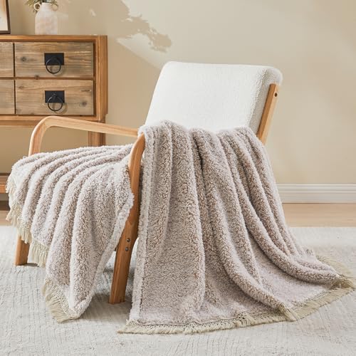 Image of EMME Soft Sherpa Fleece Blanket with Tassel, Reversible Plush Fluffy Large Blanket, Light Weight Warm Decorative Boho Blanket Cover for Sofa, Couch, Bedroom,Travel(Tassel Khaki,50 inchx60 inch)