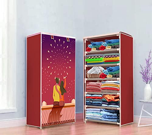Image of COROID Digital Printed Multipurpose 6 Shelve Wardrobe,Foldable,Collapsible Fabric Wardrobe Organizer for Clothes Drawers Portable Wardrobe Clothing Space Saving Wardrobe (6-Layer, Red)