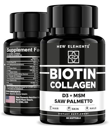 Image of New Elements 9X Hair Skin and Nails Vitamins - Biotin 10 000 mcg with Horsetail Supplement, Collagen, Keratin, Niacin, MSM, D3, Saw Palmetto, Pumpkin Seed Oil | Supports Hair Growth for Men & Women