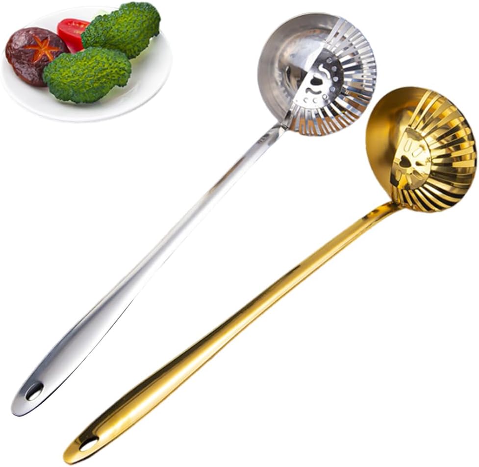 Cucharón colador de acero inoxidable, colador de sopa 2 en 1 separa líquidos, colador de sopa colador de sopa para cocinar y colar, 2 piezas