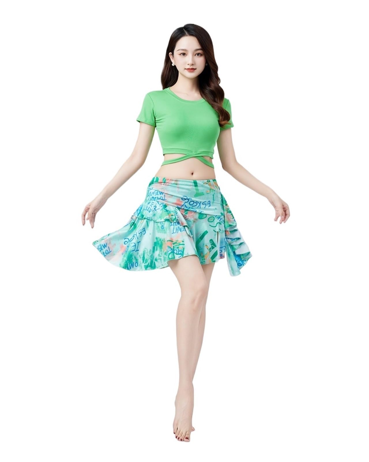 Traje de práctica de Danza del Vientre for Mujer, Conjunto de Falda de Rendimiento Sve Dr, Ropa de Yoga Ajustada, Tela Modal(A Style (Green) Top+Skirt+Waist Chain,L)