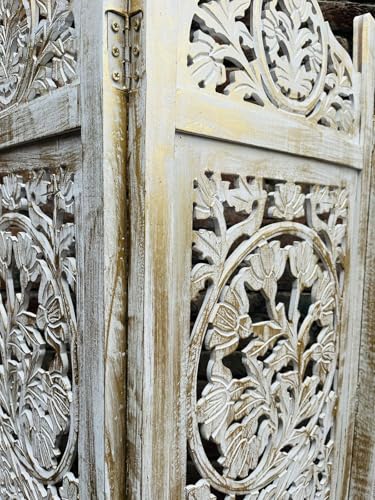 Image of Wooden Room Divider Decorative Foldable Privacy Screen Hand Carved Partition for Living Room Bedroom Office Decor (6 Feet 4 Panel Royal Golden Shading Each Panel Size 72X20 Inch)