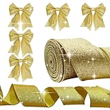 10M Geschenkband Gold mit Draht,Goldenes Band Breit Schleifenband Weihnachten,Weihnachtsband Breites Satinband,Weihnachtsbaum Glitzer Ribbon Schleifen Geschenkbänder Deko,für Christmas Tree Decoration
