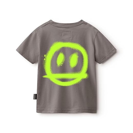 NUNUNU Short Sleeve T-Shirt for Toddlers, Girls and Boys. Unisex, 100% Cotton, Smile Back - Stone, 12-14 Years