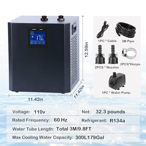 Image of 79 Gallon Aquarium Chiller, Fish Tank Chiller,1 /3 HP Active Aqua Chiller for Axolotl, Aquarium Cooler with LED Display, Pipe, Water Pump, Remote Control
