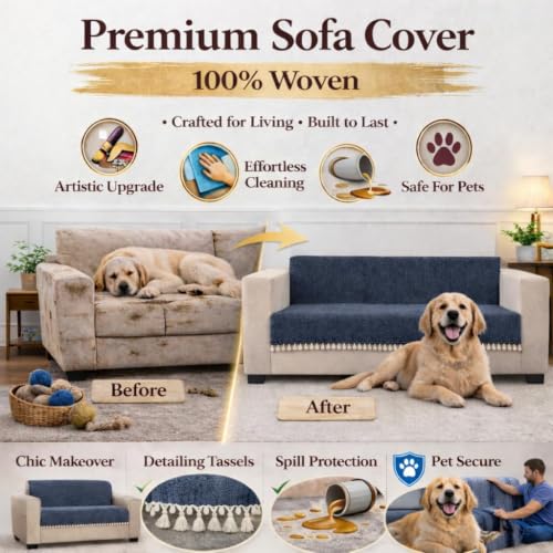 Image of STITCHNEST Beige Chenille Sofa Cover 48x30 Inch - Soft, Durable & Textured Fabric with Tassels | Sofa for Living Room, Bedroom, or Drawing Room9