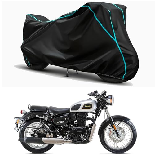 Image of Waterproof Bike Body Cover Compatible for | Benelli Imperiale 400cc | Taffeta Fabric, Sky Piping Design, Bottom Elastic Fit | Dustproof, Sun UV & Rain Protection for All Weather.