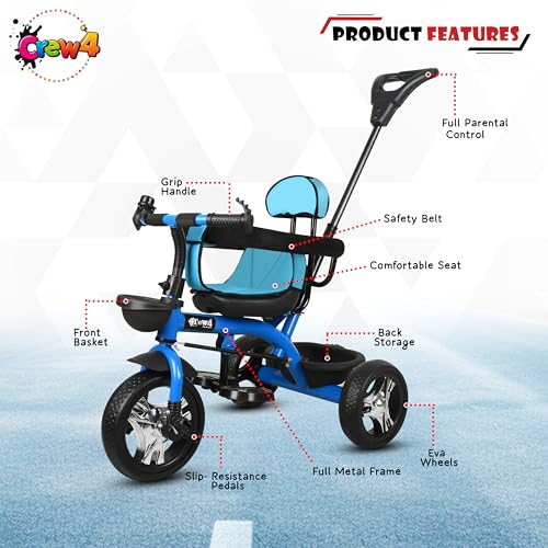 Image of Tricycle 1 Years to 5 Years with Removable Safety Guard and Parental Control Back Side Push Handle with Rubber Tyre for Kid's CR07 (Blue 2)