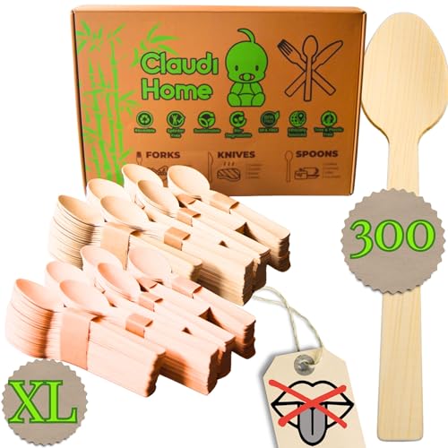 Sans goût de bois - 300 Cuillères Jetables Compostables en Bambou Ecologique - Set de 300 Cuillères 16cm pour Picnic, Barbecue, Fête, Camping @Claudi Home