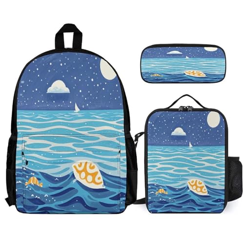 3-in-1 Backpack Combination Set Hand-painted Style Ocean Print 3Pcs Backpack Sets Travel Daypack with Lunch Bag And Cosmetic Bag