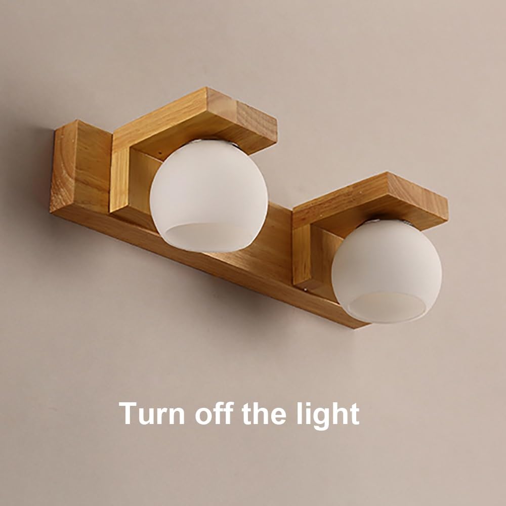 Spiegelleuchte Japanischer Stil, Holz Spiegellicht 2 Flammig Glas Kugel Weiß Spiegellampe Badezimmer Horizontal für Waschbecken Schminken G9