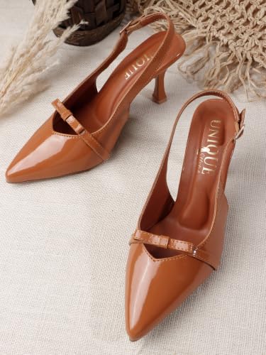 Image of Women's Slingback Pointed Toe Pumps with Bow Detail | Patent Finish | Kitten Stiletto Heel | Elegant Party & Office Heels
