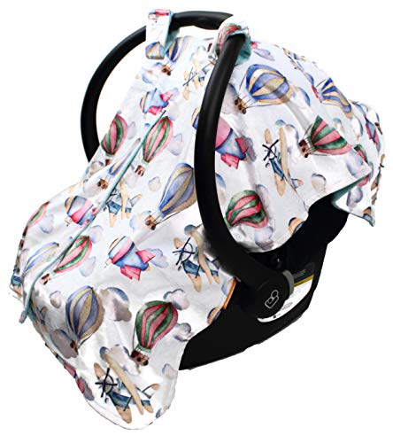Image of Dear Baby Gear - Baby Car Seat Canopy - Infant Car Seats Covers - Carseat Canopies for Boys & Girls - Toddler Carseat Cover w /Snap Opening (Airplanes, Zeppelins, Hot Air Balloons, Opal Blue 40 inchx30 inch)