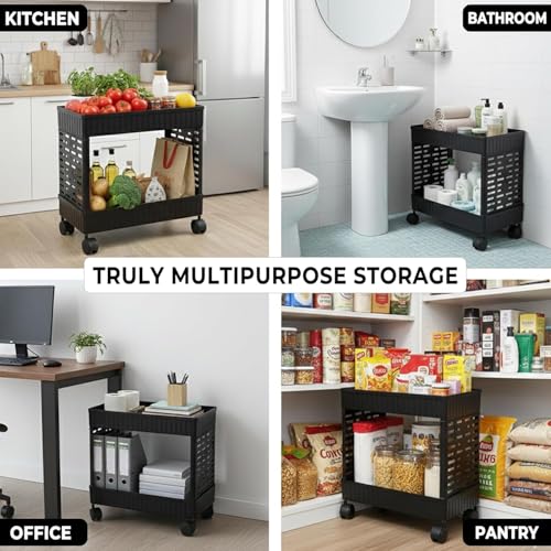 Image of 2-Tier Rolling Storage Cart with Wheels | Multipurpose Plastic Organizer Trolley for Kitchen, Bathroom, Office & Home |Black (1 Pcs, 2 Layer)