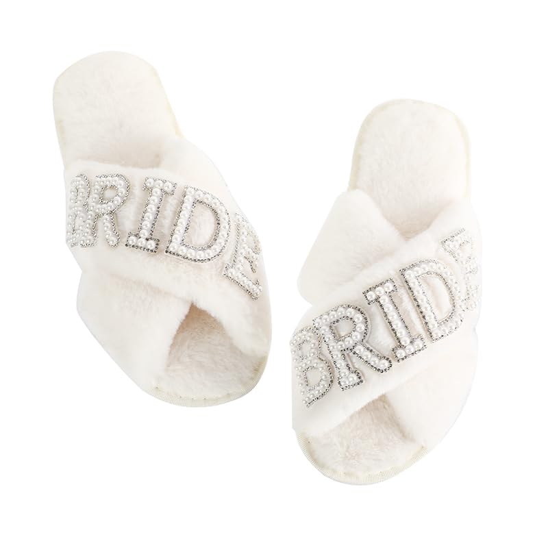 Bride Slippers for Wedding Day White Fuzzy Slippers with Pearls for Bachelorette Party Bridal Shower Gifts2
