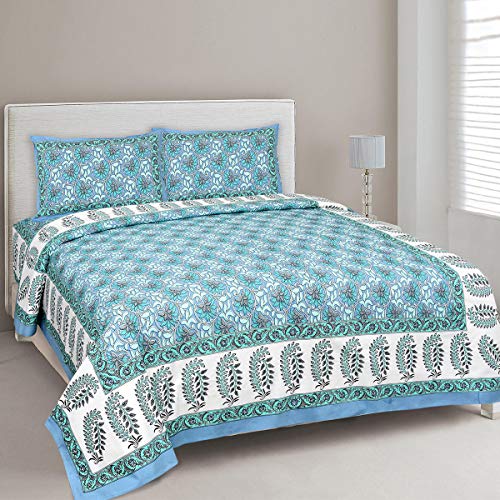 Image of Jaipur Fabric Cotton 210 TC Lovely Lotus Blue Flora Jaipuri Print King Size Double Bedsheet with Two Pillow Covers