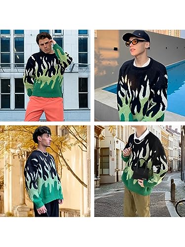 ZAFUL Men's Oversized Sweater Y2K Aesthetic Flame Graphic Crewneck Knit Pullover Unisex Casual Sweaters3