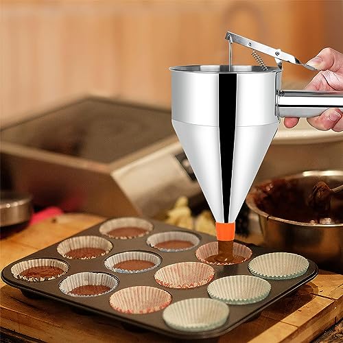 Foto von lalago Teigspender Teigportionierer,Pfannkuchen Teigspender Edelstahl,Trichter Kuchenspender Teig Portionier mit Ständer und 4X Trichtern,für Waffeln, Muffin-Mix Bäckerei （1200ml）