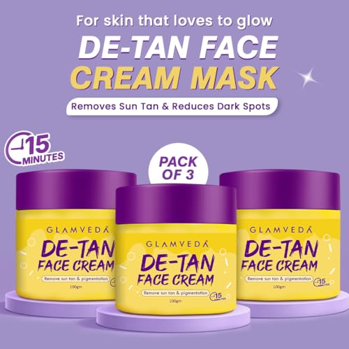 Image of Glamveda De Tan Cream Mask for Men & Women | Kojic Acid Face Pack for Tan Removal, Pigmentation & Sun Damage Care | Instant Brightening & Glow Boosting Formula for Radiant Skin | Suitable for All Skin Types | 100g Pack of 3