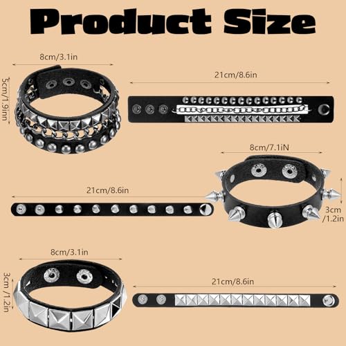 Grevosea 3 Stück Nieten Armband Punk Rock Leder Nietenarmband Herren Damen Armband Emo Accessoires Gothic Breites mit Verschluss für Party/Konzert/Cosplay