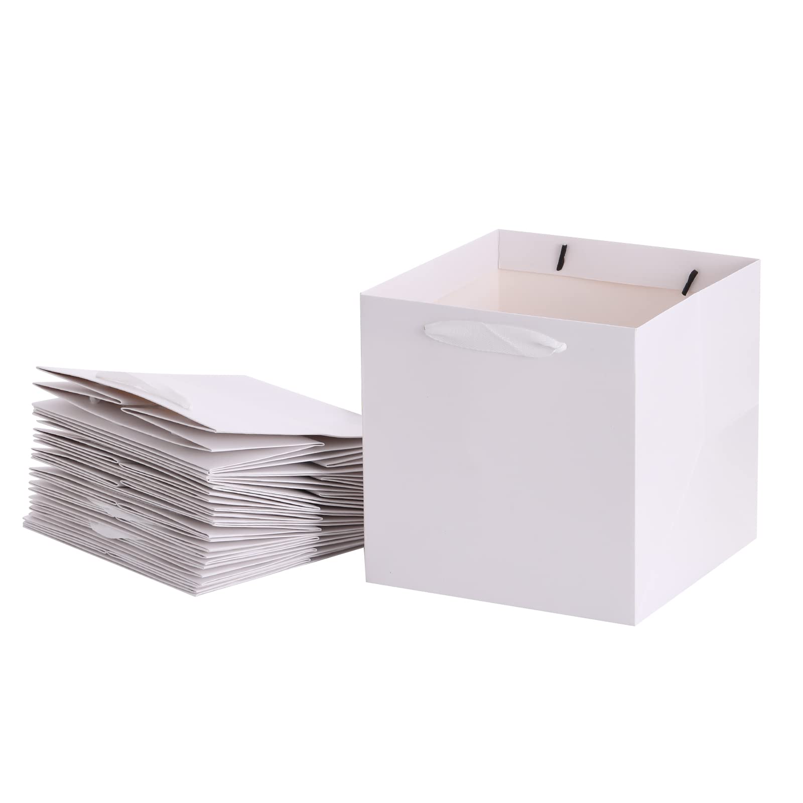 REDDOTGIFT® 10-Pack Shopping Paper Bags White Kraft Square Base Plain Paper Bags 250gsm thickness paper bags with Ribbon Handle (20x20x20cm, White)