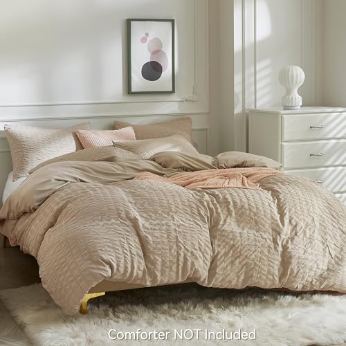 Image of JELLYMONI Seersucker Duvet Cover Set Twin, 3pcs Khaki Polyester | In Dorm & Kids Room, Single Sleepers Pick, Crinkled Texture, Oeko-Tex Certified, 8 Corner Ties & Hidden Zipper